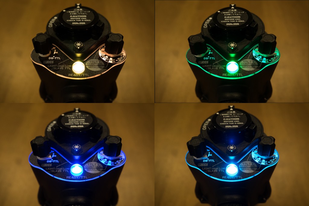 The YS-D2 panel is backlit with the color corresponding to the selected mode (clockwise): orange - Pre-Flash; green - without Pre-Flash; aqua - DS-TTL; blue - Slave-TTL