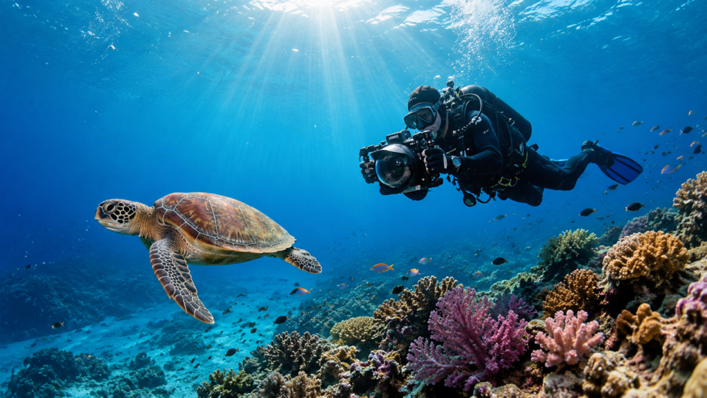 Sea turtle swimming gracefully above a coral reef