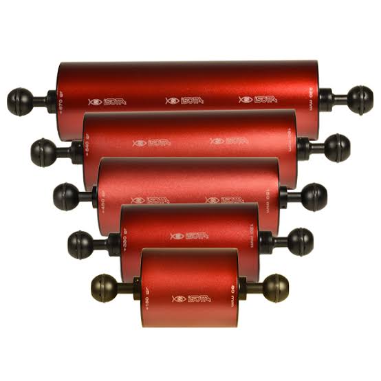 Red Isotta float arms in multiple lengths for underwater camera lighting setups