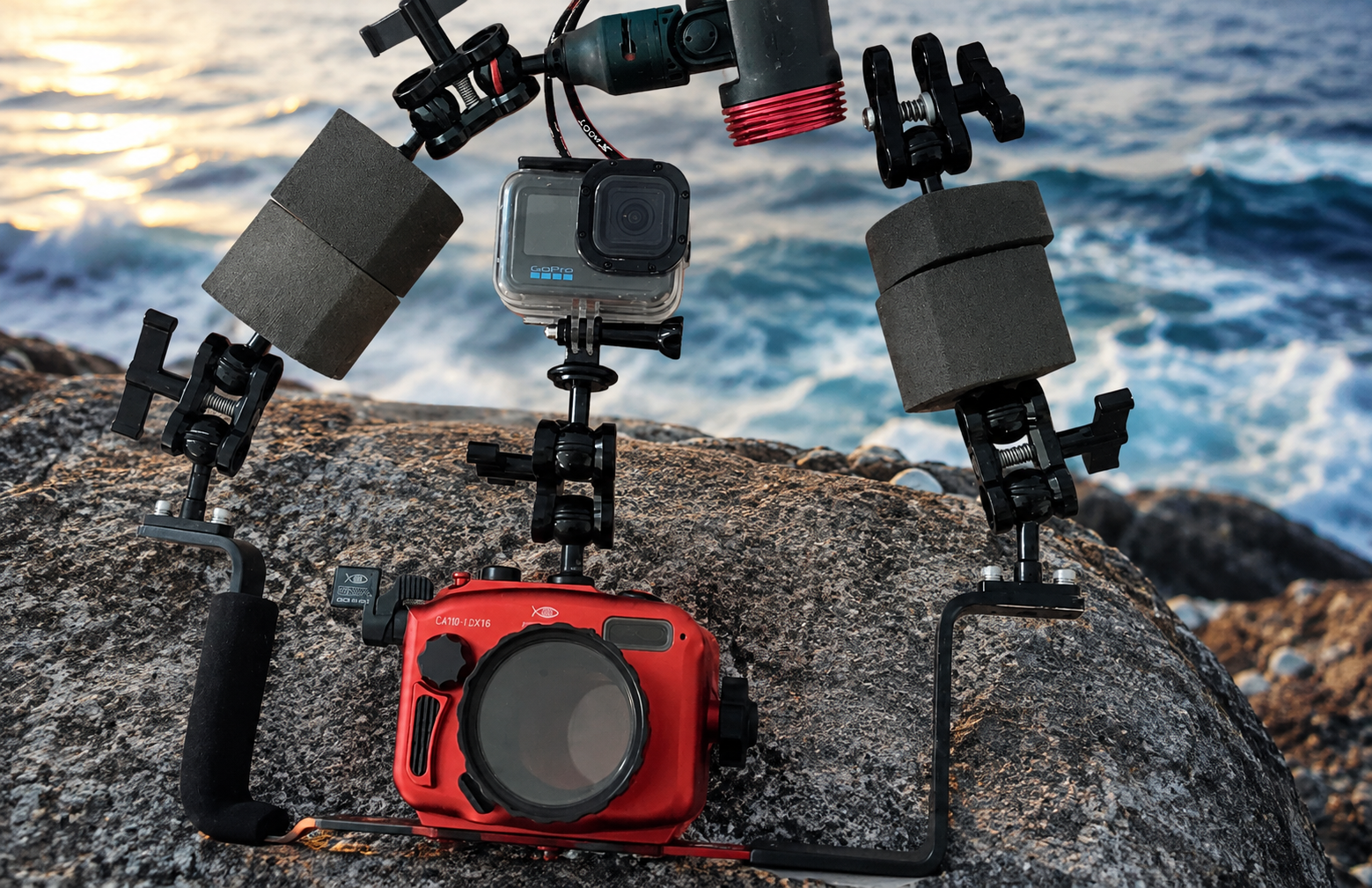 Underwater camera rig with housing, tray, lights and STIX buoyancy floats