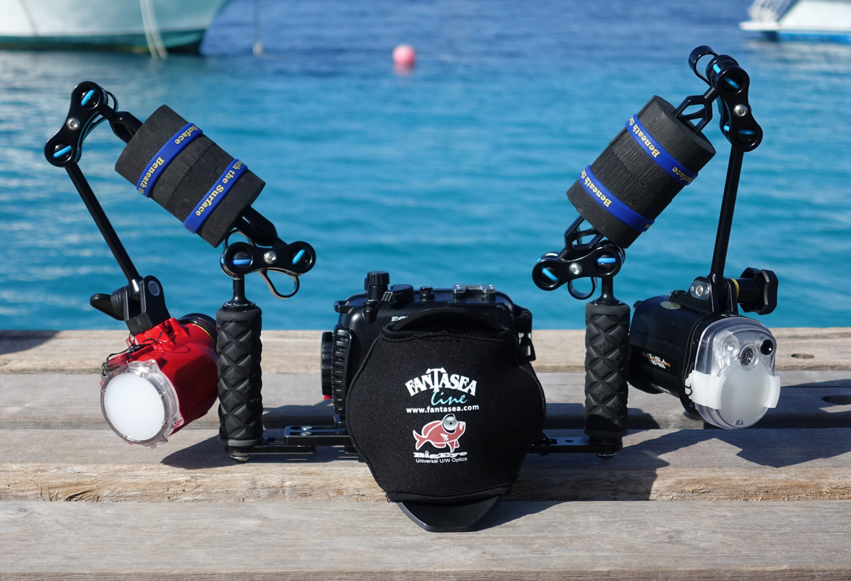 Dual strobes positioned close to the housing for close-focus wide-angle underwater photography